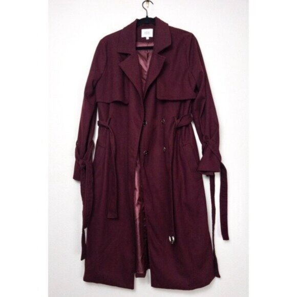 NEW J.O.A Belted Trench Coat S Burgundy Maroon Tie Cuff Double Breasted Utility - Picture 2 of 12